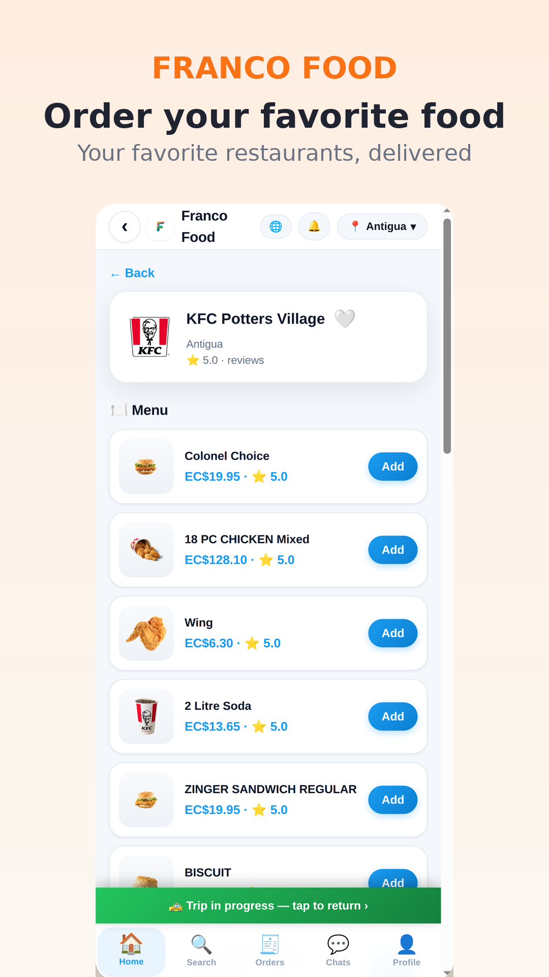 Open a restaurant, check the menu and add your favorites in seconds.