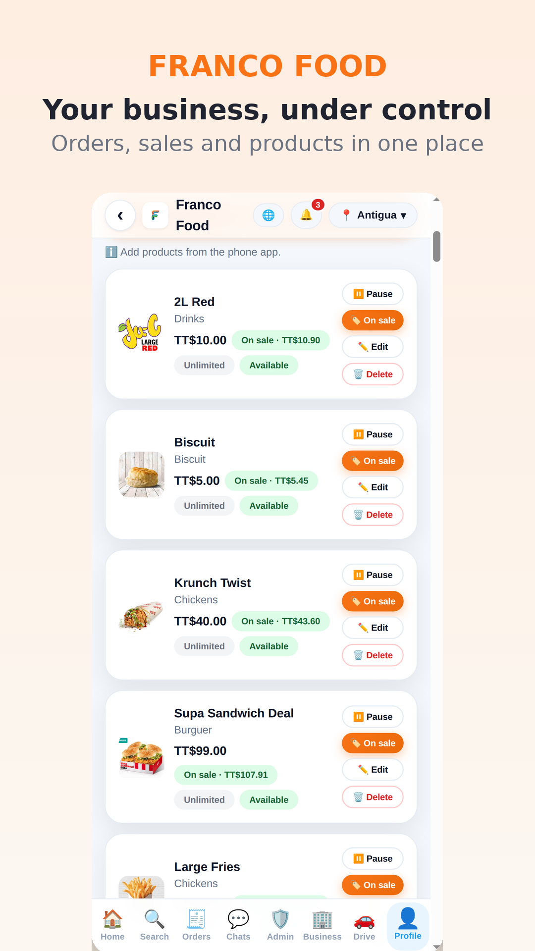 Run your business from your phone: products, prices and offers in one place.