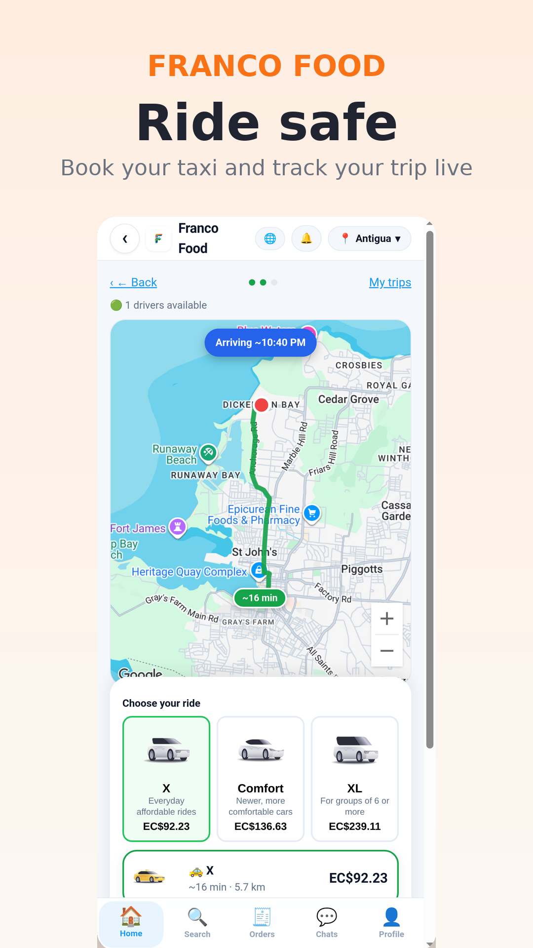 Book your taxi, pick your ride class and track your trip live.