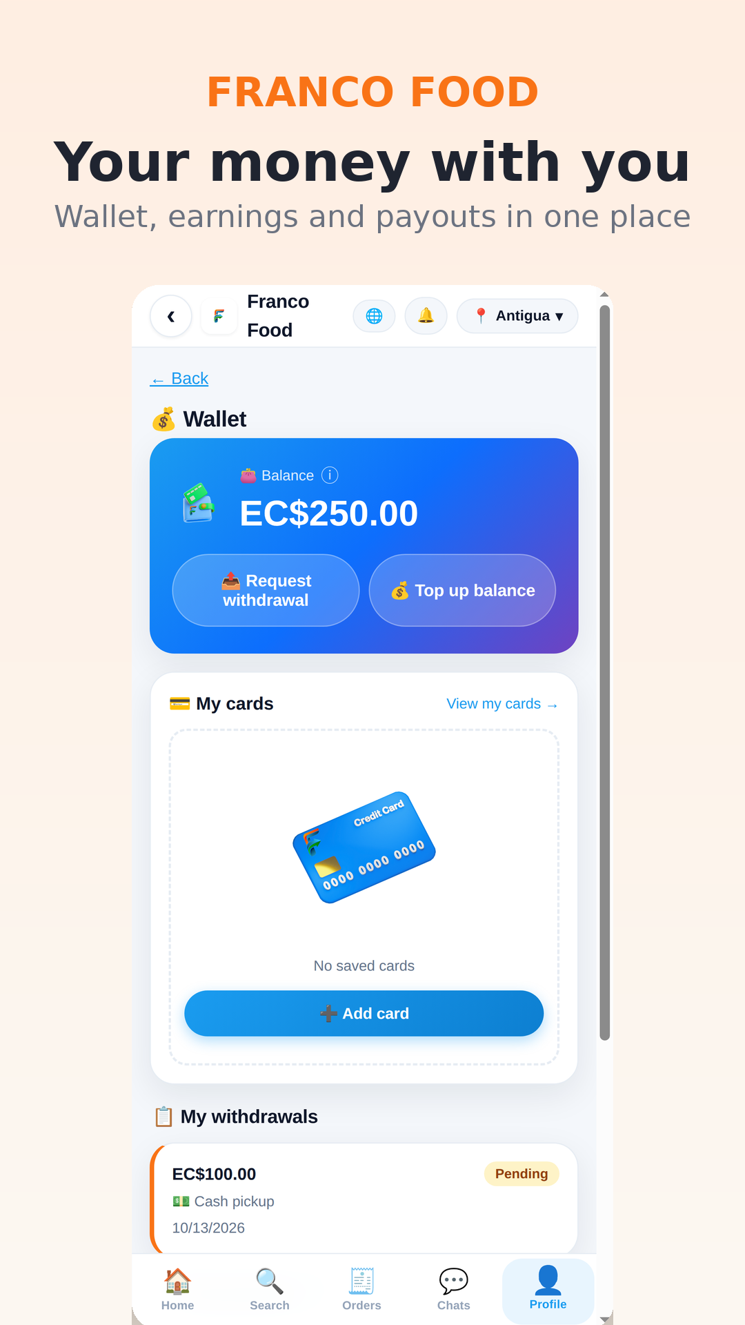Your wallet in one place: balance, cards and withdrawals.
