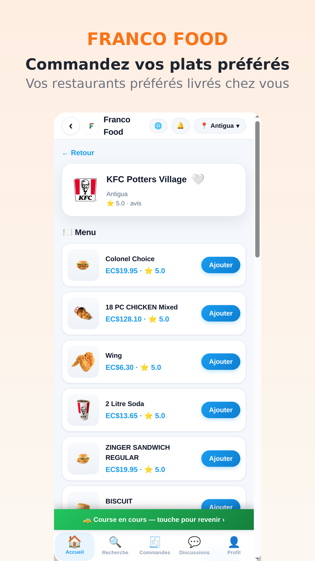 Ouvrez un restaurant, consultez le menu et ajoutez vos plats en quelques secondes.