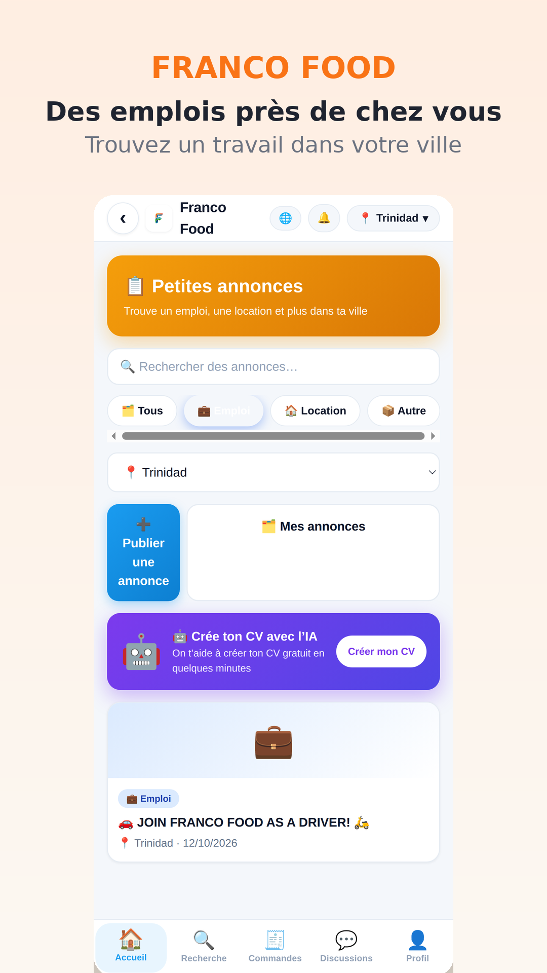Trouvez emplois et locations près de chez vous, et créez votre CV avec l'IA, gratuitement.